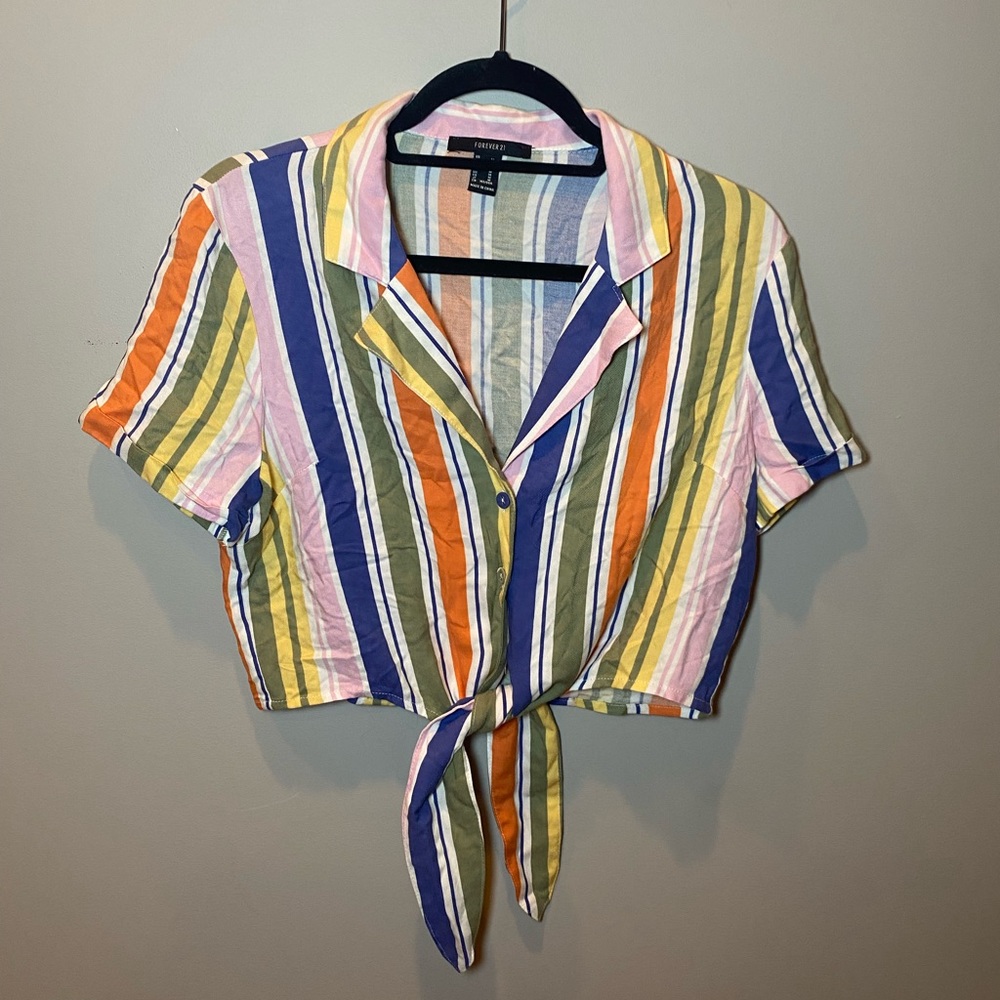 NWOT Forever 21 Colorful Striped Self Tie Button Down